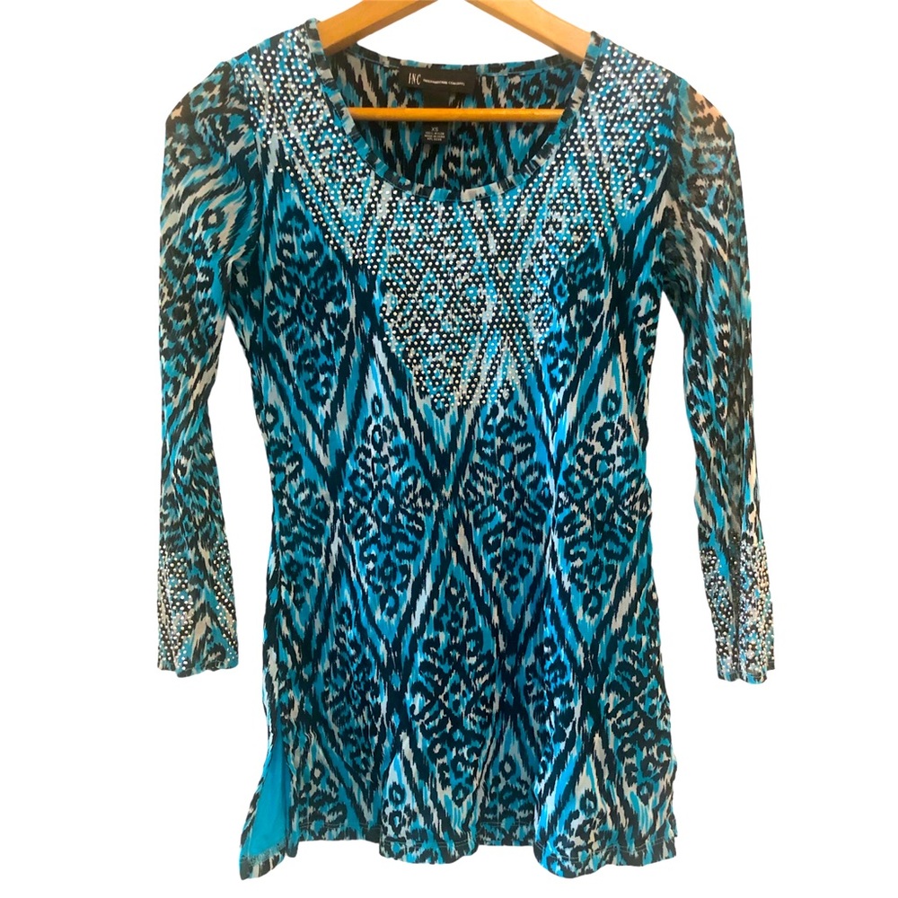 INC International Concepts Womens Top Blue Black White Silver sequin studs XS